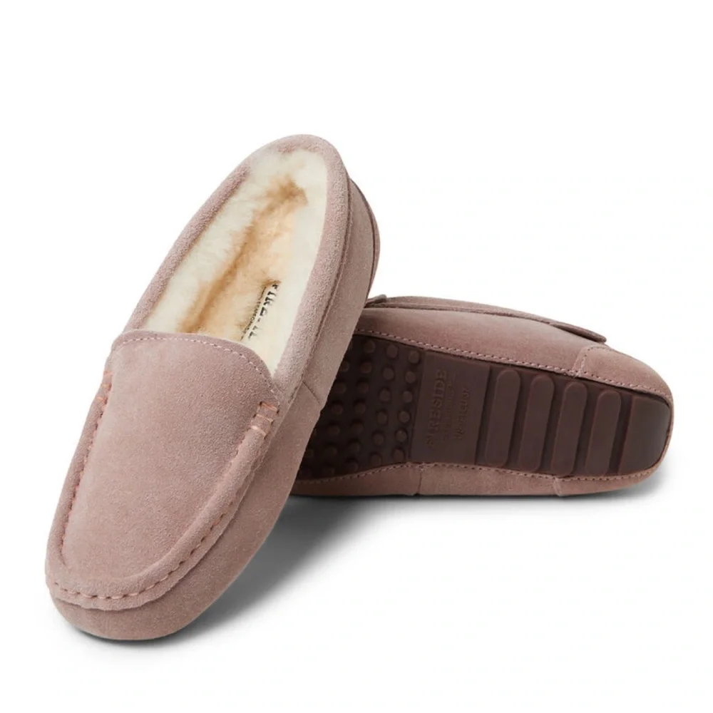 Fireside by Dearfoams Mel Genuine Shearling Moccasin in Dusty Pink - Picture 4 of 16